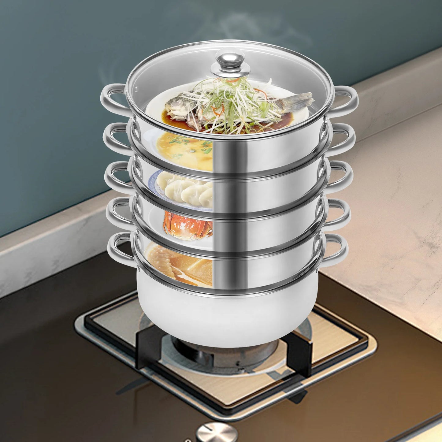 26cm 5-Layer Multifunctional Stainless Steel Steamer Silver For Kitchen Cooking