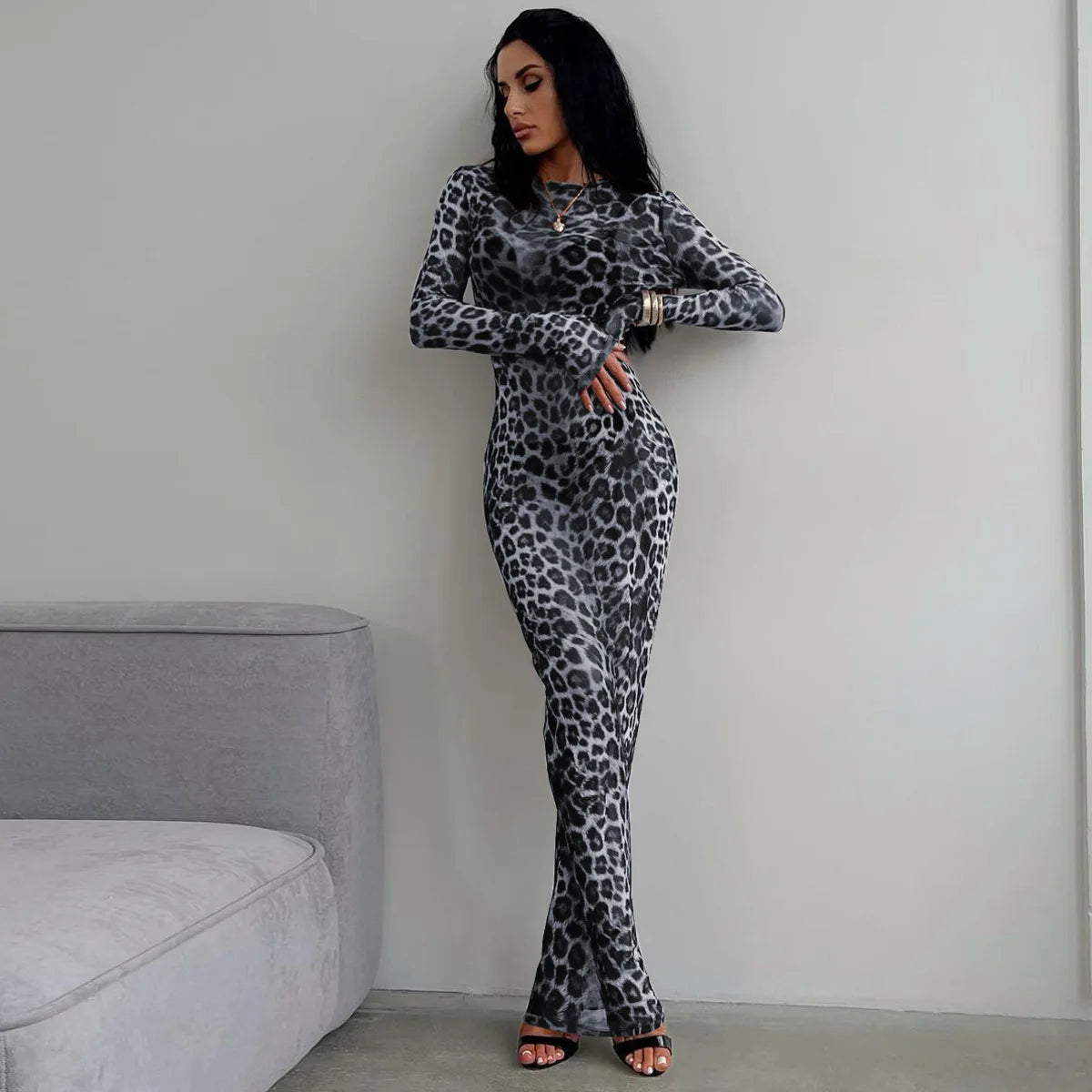 Hawthaw Women 2025 Summer Autumn Long Sleeve Leopard Mesh Party Club Streetwear Bodycon Long Dress Wholesale Items For Business