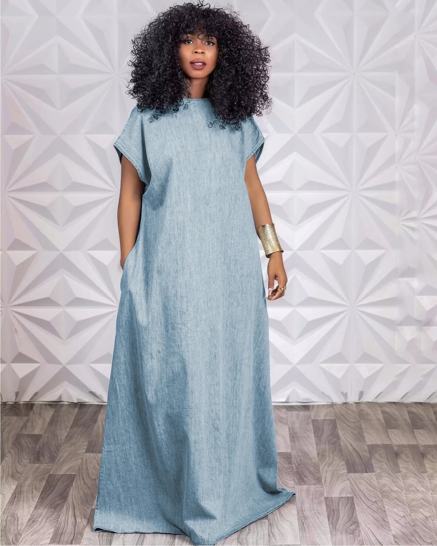 CM.YAYA Vintage Women Fashion Batwing Short Sleeve Denim V-back Loose Slim Maxi Long Dress 2023 High Street Vestido Jean Dresses
