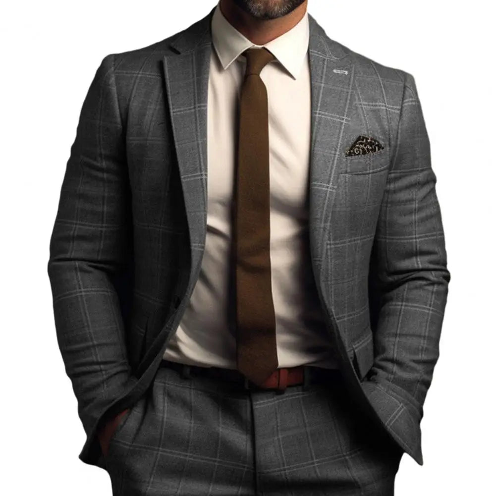 Vintage Men Suit Formal Slim Fit Plaid Print Business Jacket Long Sleeve Single Button Men Office Attire Coat