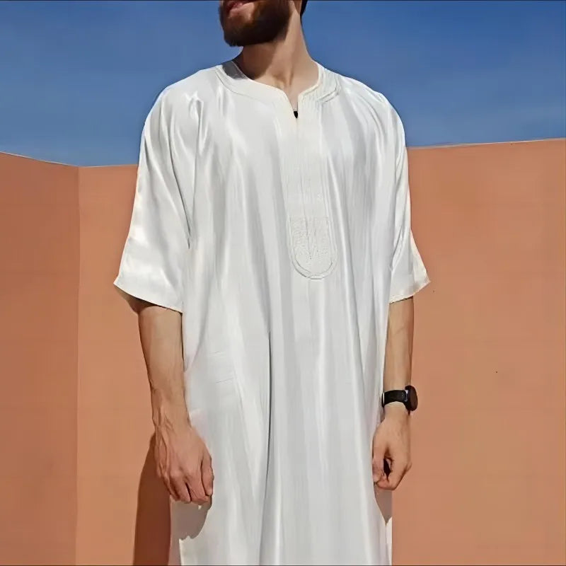 2024 Dark Green Color Loose Lce Feeling Arab Robe Loose Casual Muslim Men's Robe Middle Eastern Casual Embroidered Robe