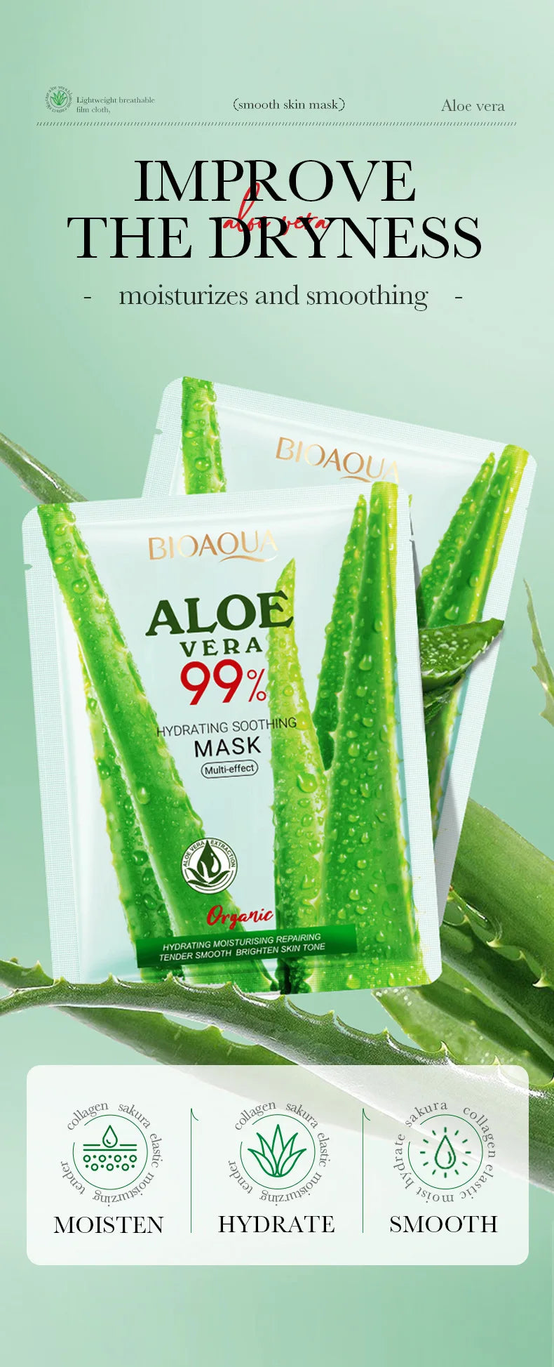 5/10pcs BIOAQUA Aloe Vera Moisturizing Facial Masks for Face Skin Soothing Brightening Firming Hydrating Facial Masks Skin Care