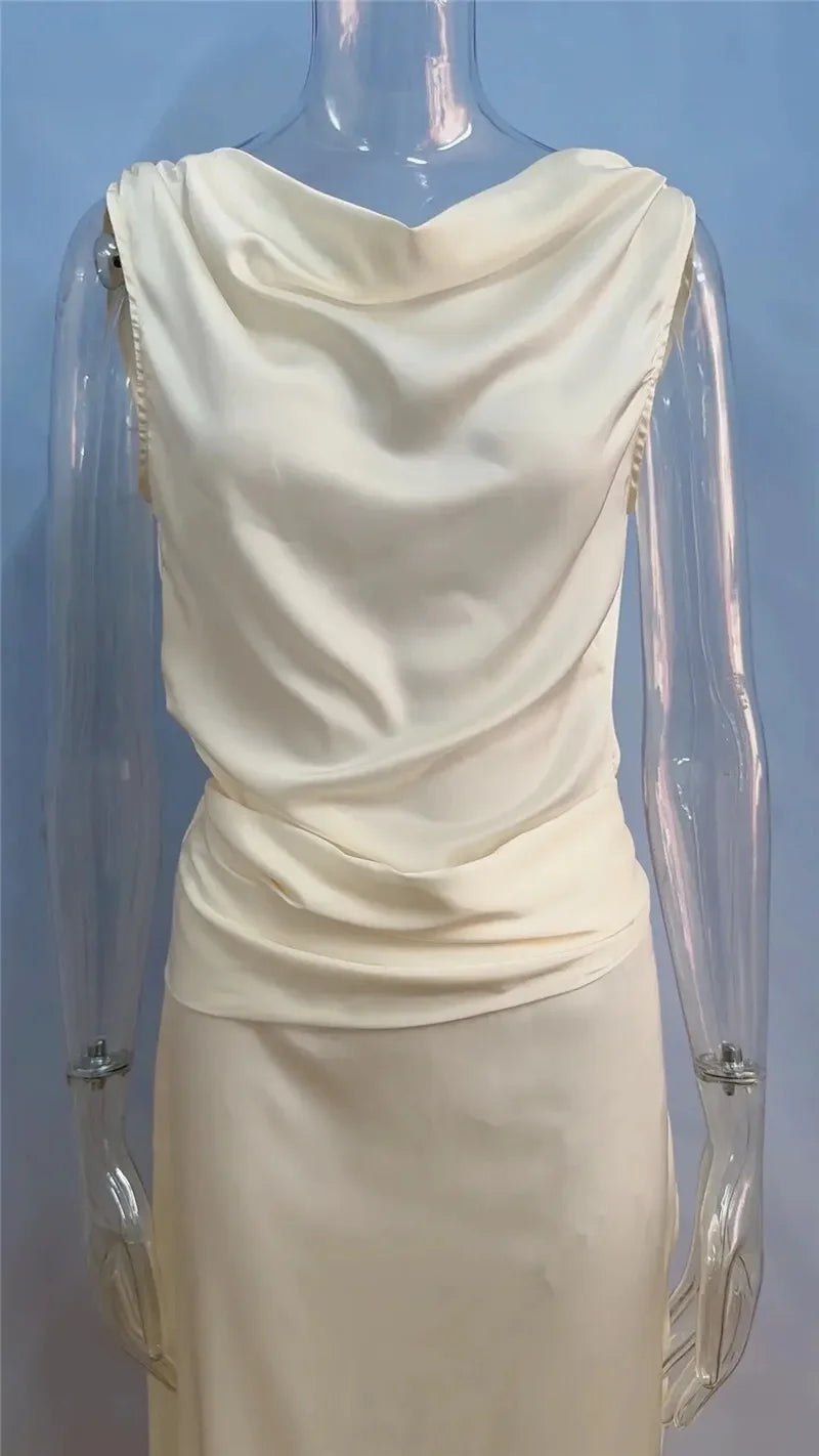 2025 Satin Backless Sexy Long Dress for Women Elegant Rose Thigh High Waist Beach Holiday Gorgeous Club