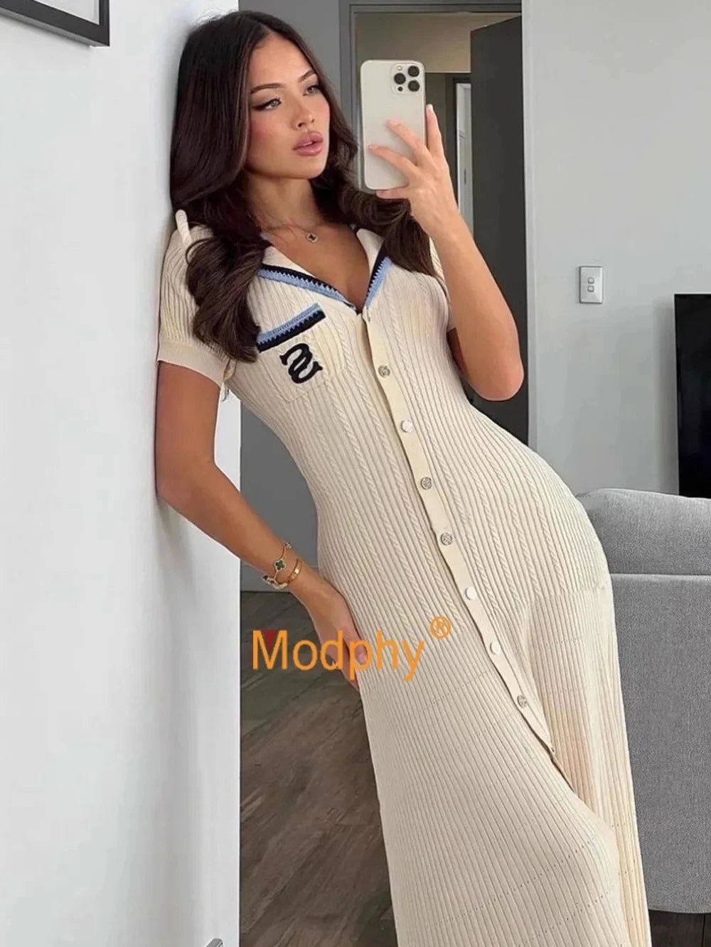 Modphy 2025 Elegant Slim Knitted Long Dress Women's Letter Single Breasted Long Sleeved Designer Vintage Dresses Autumn