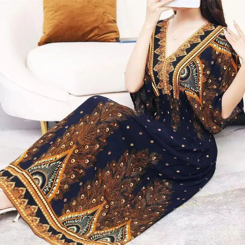 V-neck Large Skirt Hem Casual Sweet Holiday Long Dress Bat Sleeves Elastic Waist Bohemian Print Floral Elegant Dresse For Women