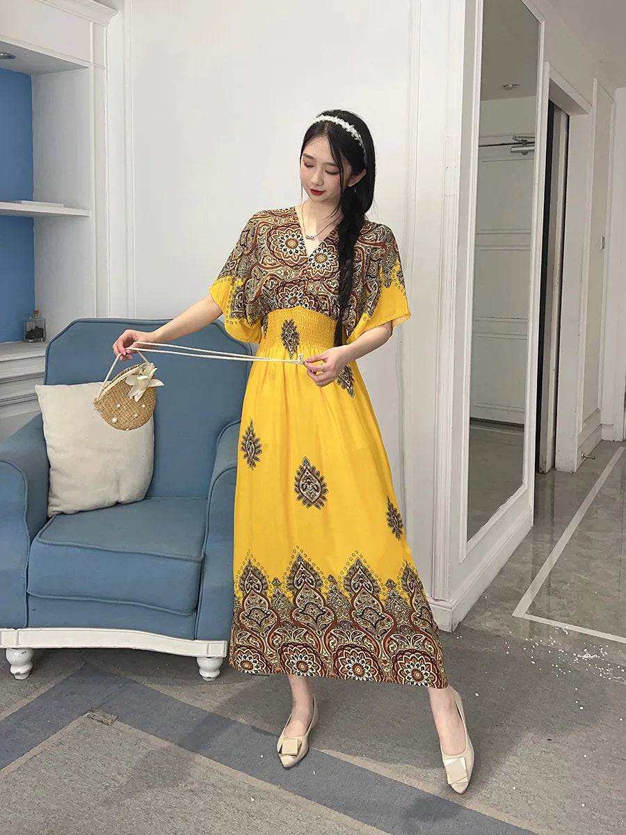 V-neck Large Skirt Hem Casual Sweet Holiday Long Dress Bat Sleeves Elastic Waist Bohemian Print Floral Elegant Dresse For Women