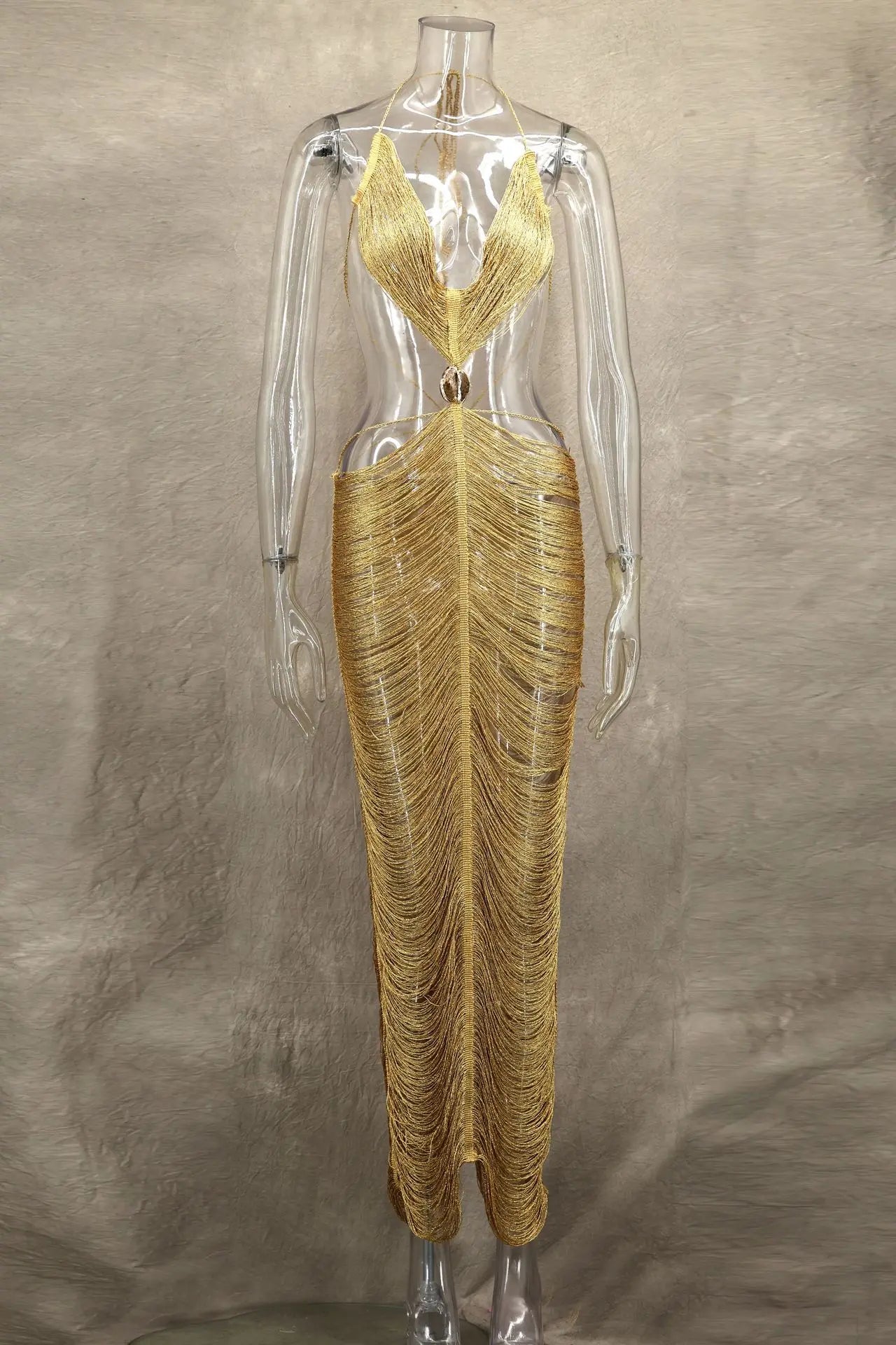 Sexy Shell Tassel Halter Long Dress Women Hollow Out Sleeveless Backless Maxi Dresses 2025 New Summer Y2K Party Club Beach Gowns