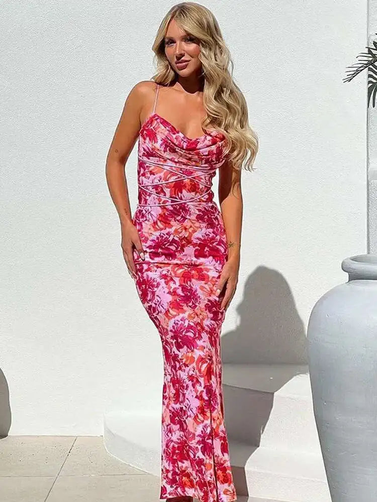 Avrilyaan Pile Collar Print Backless Sexy Dress Women 2024 Elegant Holiday Casual Dress Bodycon Summer Maxi Long Dress Vestido