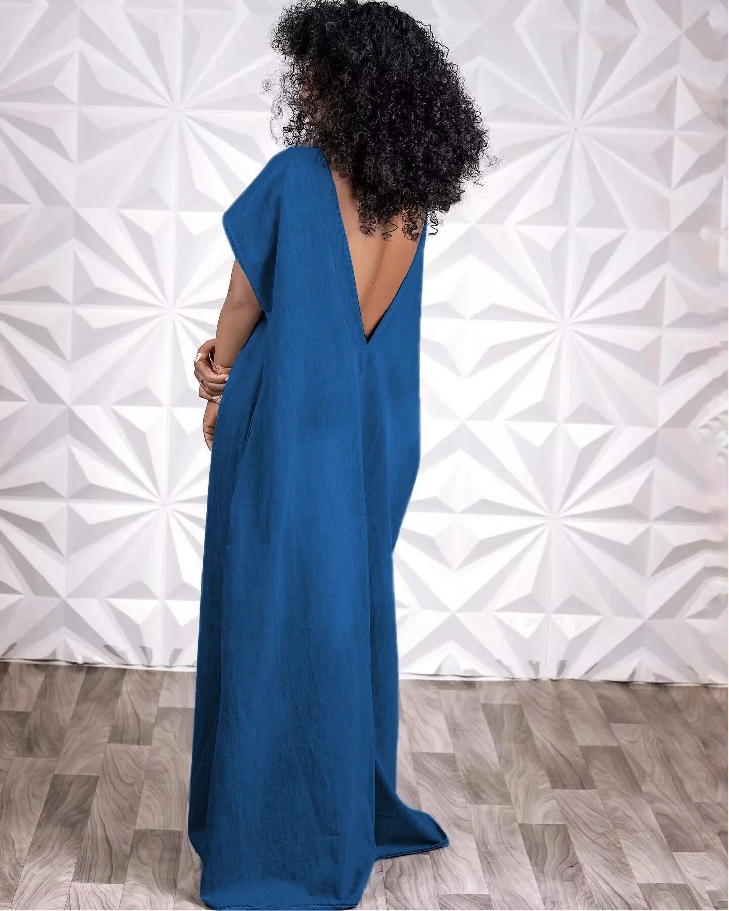 CM.YAYA Vintage Women Fashion Batwing Short Sleeve Denim V-back Loose Slim Maxi Long Dress 2023 High Street Vestido Jean Dresses