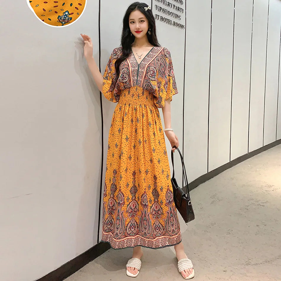 V-neck Large Skirt Hem Casual Sweet Holiday Long Dress Bat Sleeves Elastic Waist Bohemian Print Floral Elegant Dresse For Women