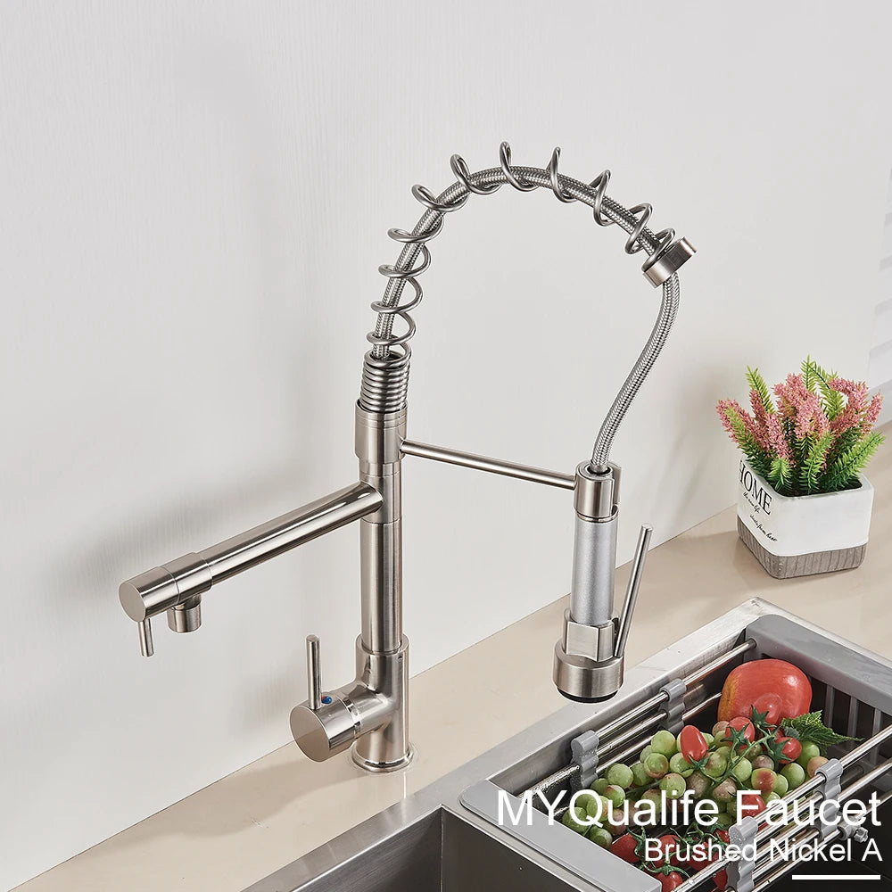 Black Pull Down Kitchen Sink Faucet Hot Cold Water Mixer Crane Tap with Dual Spout 360 Rotation High Faucet Deck Mounted