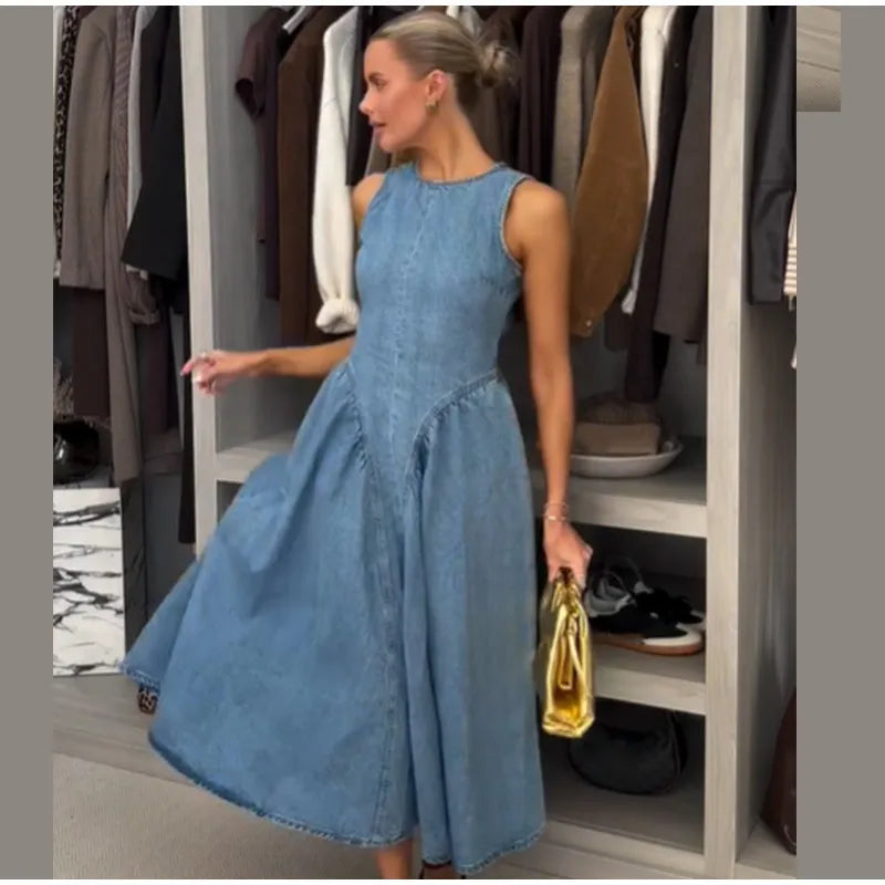 Women Blue Denim Pleated High Waist A-line Long Dress Sexy Backless Sleeveless Lace-up Vestidos Elegant Street Party Dresses