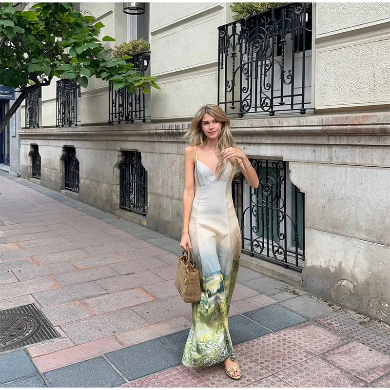 Elegant Printed Tighte Waist Women's Long Dress V-neck Slim A-line Robe 2025 Summer Beach Holiday Style Female's Long Dresses
