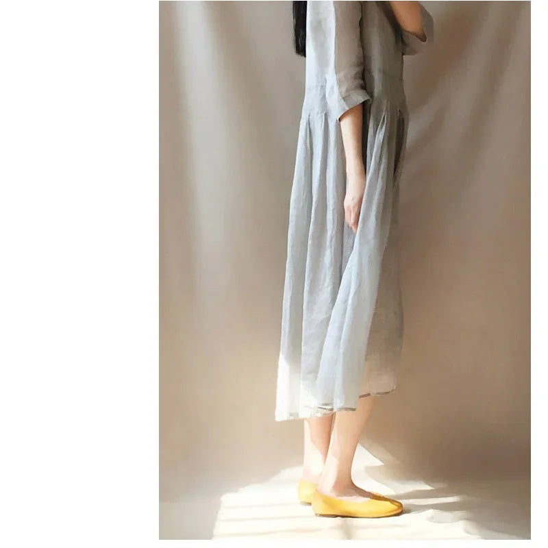 In-stock Korean Lightweight Elegant Dress Artistic Vintage Loose-fit Travel Vacation Long Dress Cotton Linen Women's Clothing
