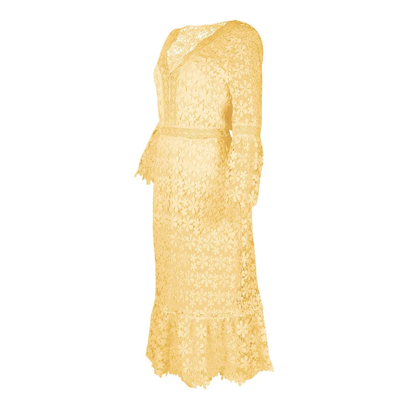 Sexy Autumn Lace Long Sleeve V-neck Big Show Long Dress Women Polyester Fabric High Waist Hollow Out Design Summer Style