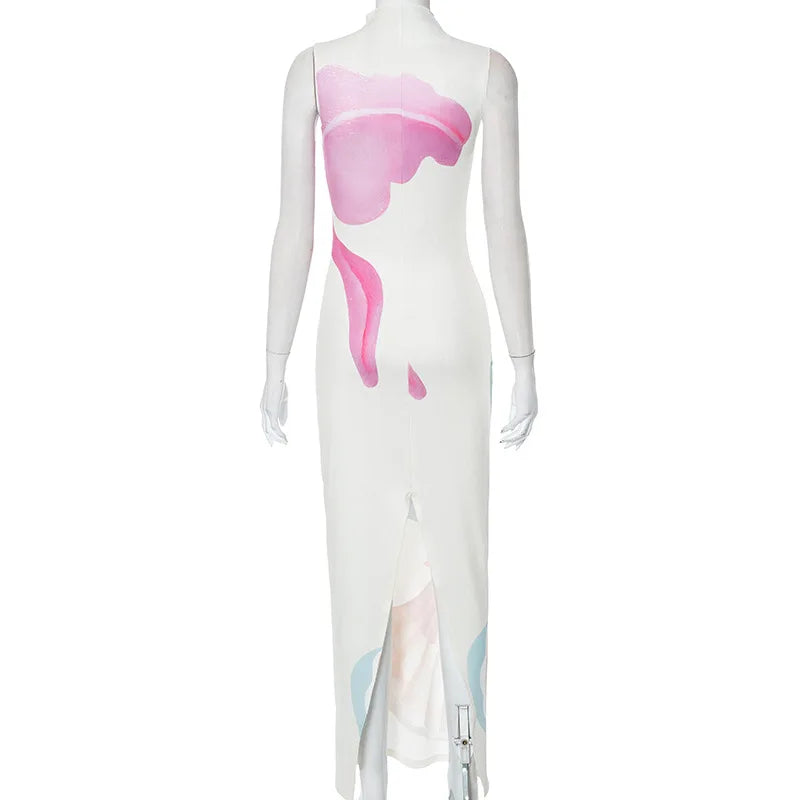 2024 Spring Summer Women long Dress Turtleneck Print Slit Round Neck Sleeveless Slim Fit Maxi Dress Robes Female Party Vestidos