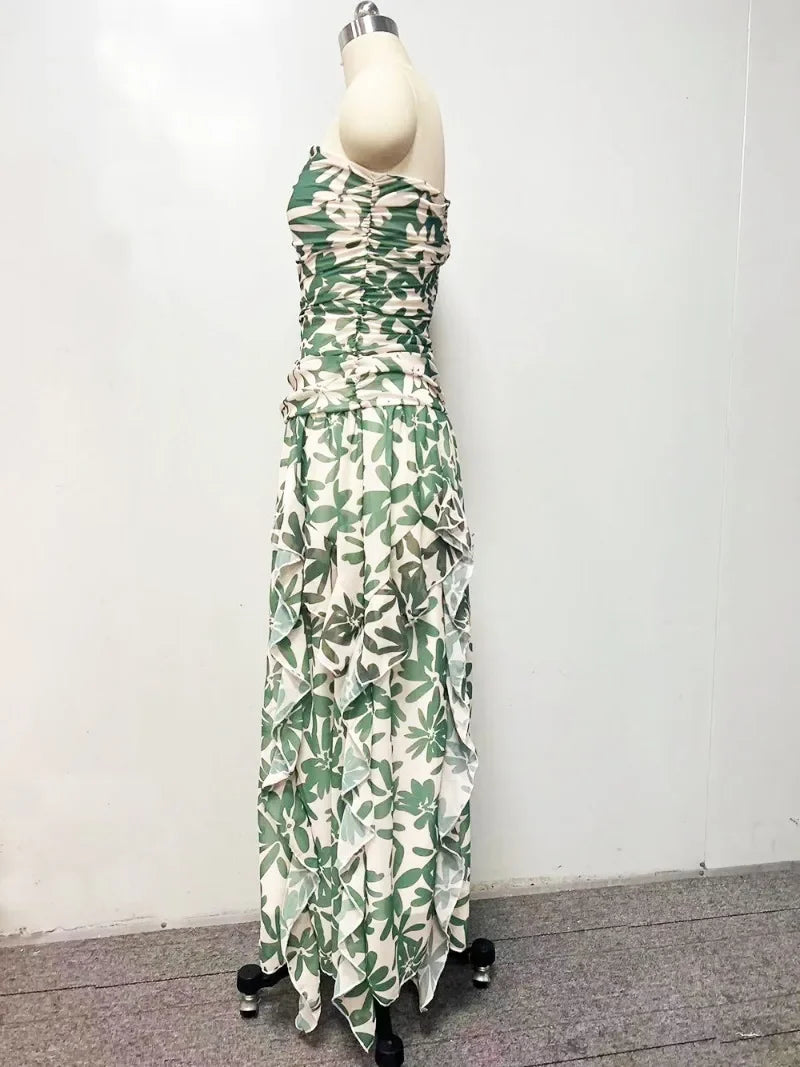 2025spring/summer New Printed Strapless Long Dress with A Stylish Design and Pleated Long Chiffon Dress for Women's Evening Wear