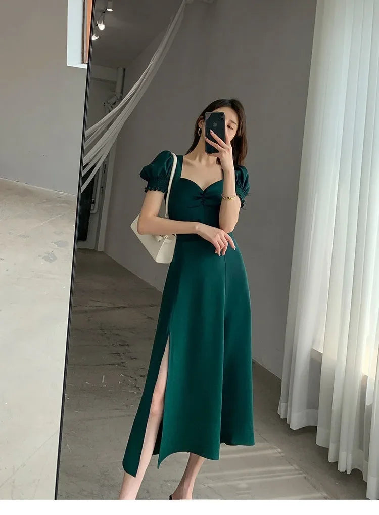 Sweet Vintage French Style Women's Long Dress Summer Hot Sale Of The Season New Bubble Sleeve Square Collar A- Line Split Skirt