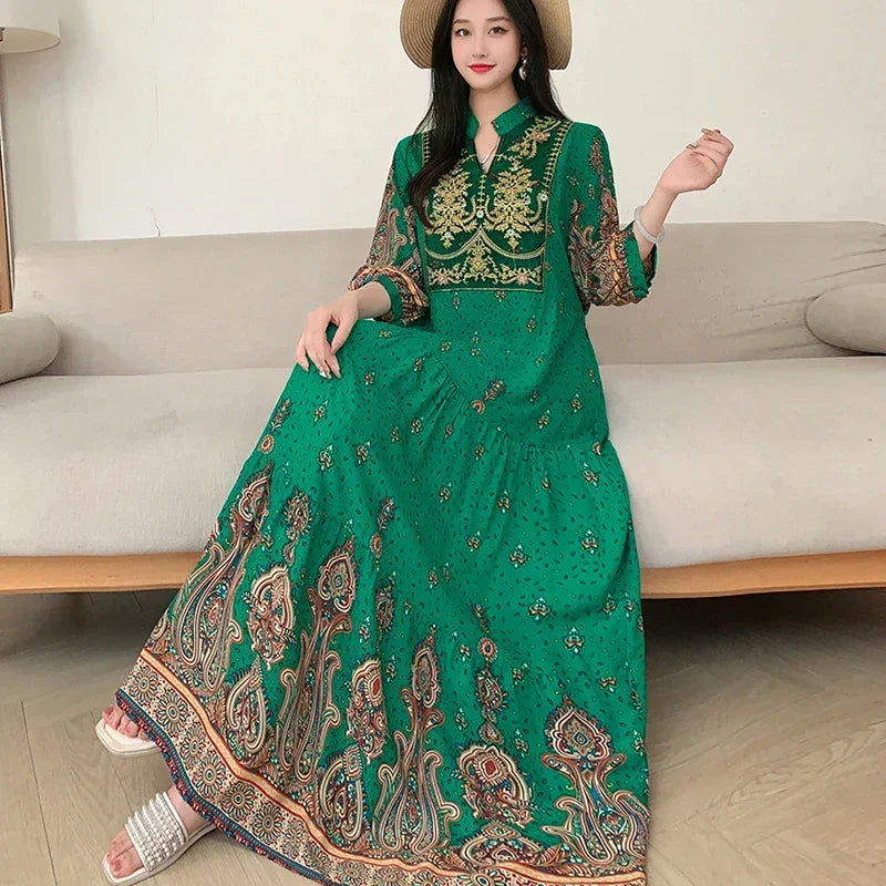 Summer Autumn Robe Maxi Long Dress Women Indian Clothes Boho Cotton Print Floral Boho Korean Style Fashion Casual Vestido Largos
