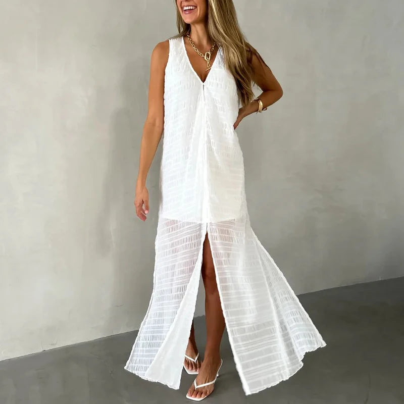 Casual V Neck Button Lace Party Dresses Woman Spring Solid Split Pleated Long Dress Summer Sleeveless Hollow Holiday Beach Dress
