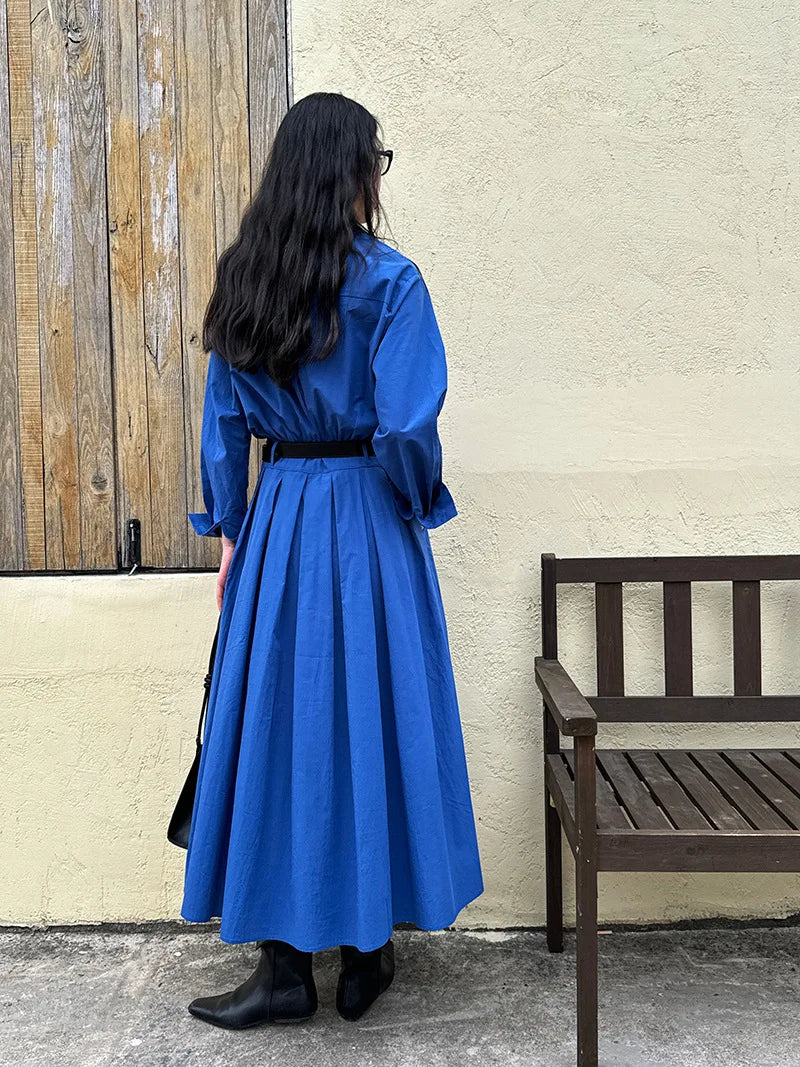 Polo‘s Collar Shirt Dress Women Spring Slimming Long Dress With A Cinched Waist Blue / Pink