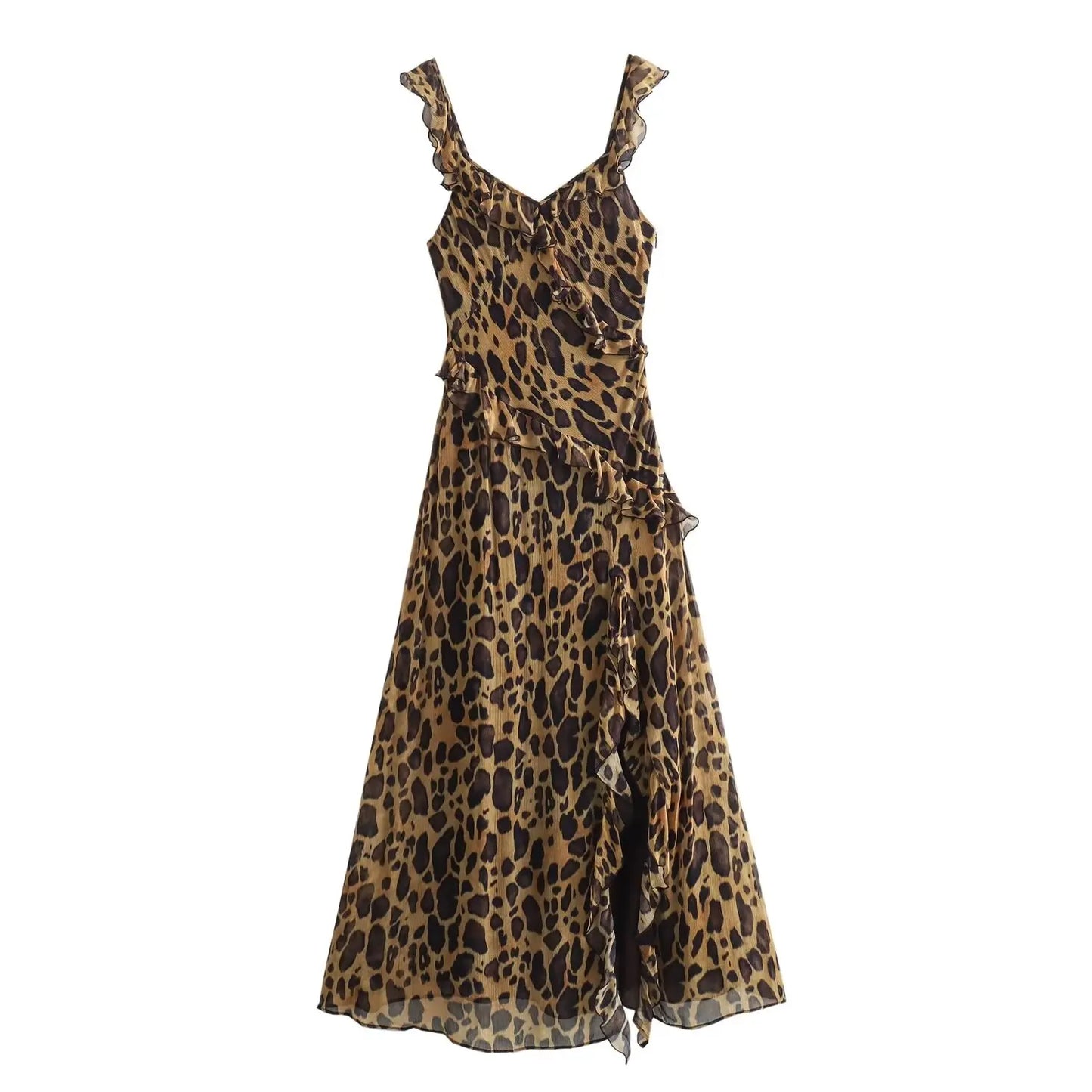 TRAFZA 2024 Woman Chic V-Neck Sleeveless Backless Slim Beach Party Dress Women Summer Vintage Leopard Fold Print Long Dress