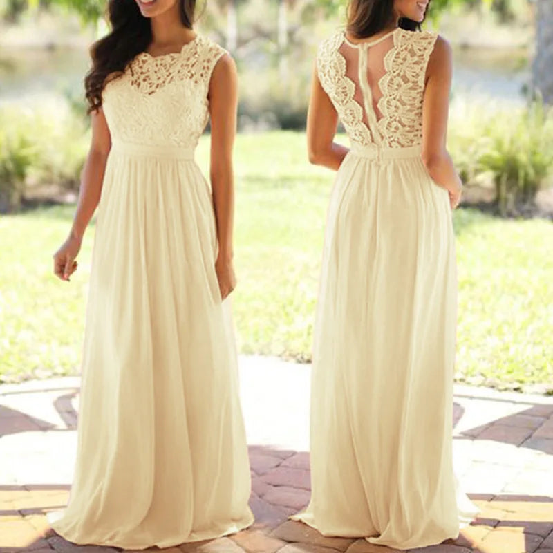 2025 Women Elegant Lace Patchwork Long Dress Female Solid Wedding Bridesmaid Party Maxi Dress Robe Femme Vestidos Dresses S-5XL