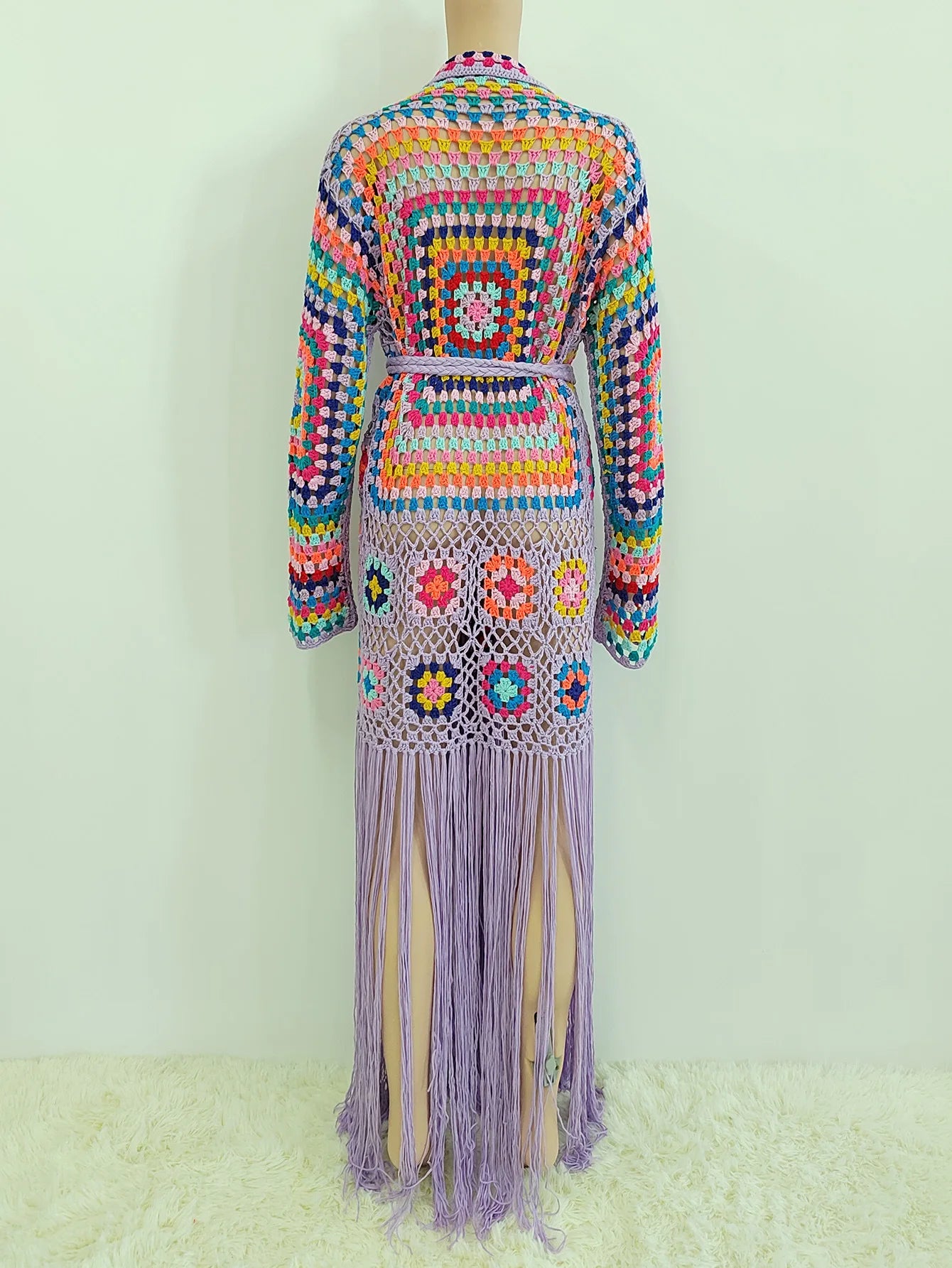 Crochet Knitted Women Cardigan Cover Ups Tassel Plaid Long Coat Bohemian 2023 Summer Beach Bikini Covers Sexy Hook Vestidos