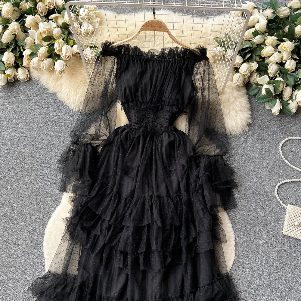 SINGREINY Mesh Party Long Dress Women Ruffle Long Sleeve Slash Neck Elastic Waist French Ladies Summer Elegant A Line Dresses