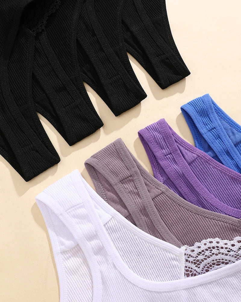 FINETOO 8Pcs Women's Cotton Underwear Lace Thongs Sexy Solid Color Low Waist Bikini Panties Ladies Breathable G-string Lingerie