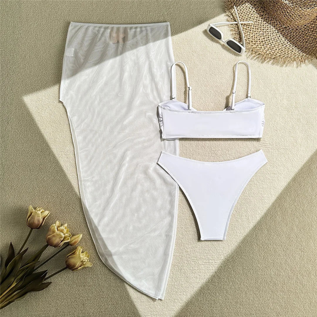 With Skirt High Leg Cut Brazilian Bikini Female Swimsuit Women Swimwear Three-pieces Bikini set Bather Bathing Suit Swim V6193