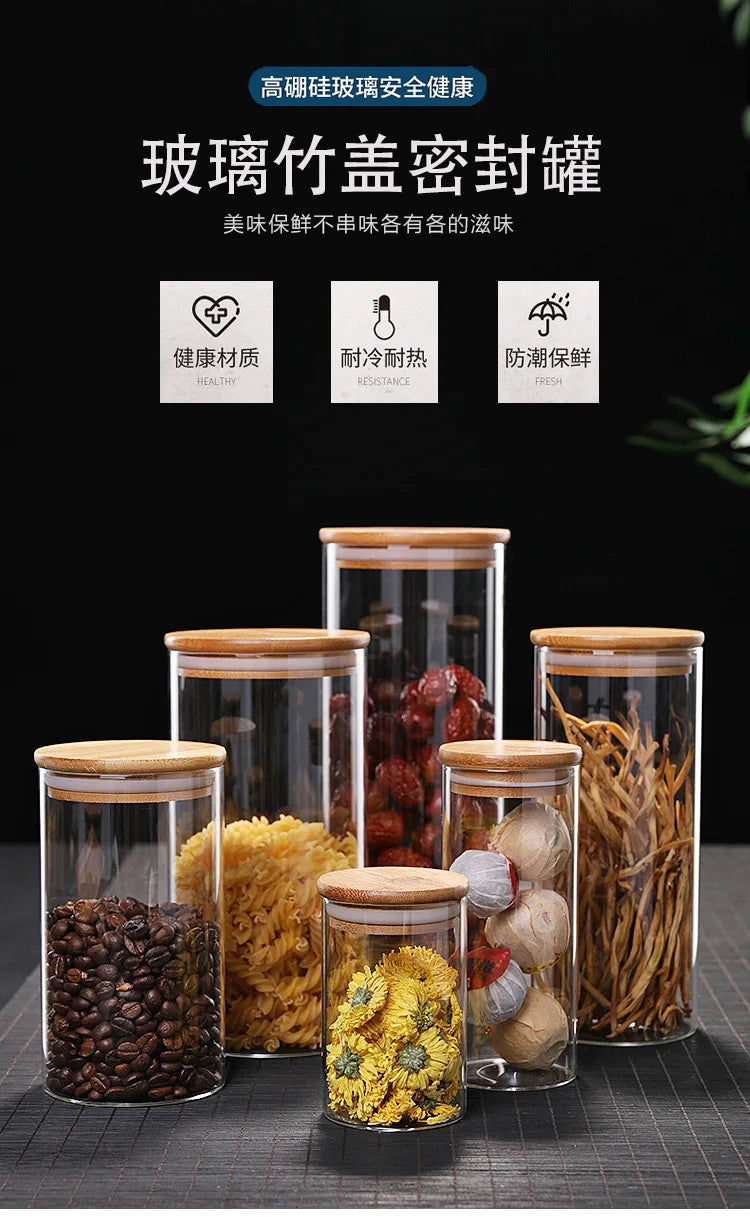 Kitchen Storage Tank Food Container Bambo Covered High Borosilicate Food Sealed Glass Tank Kitchen Miscellaneous Grain Organizer
