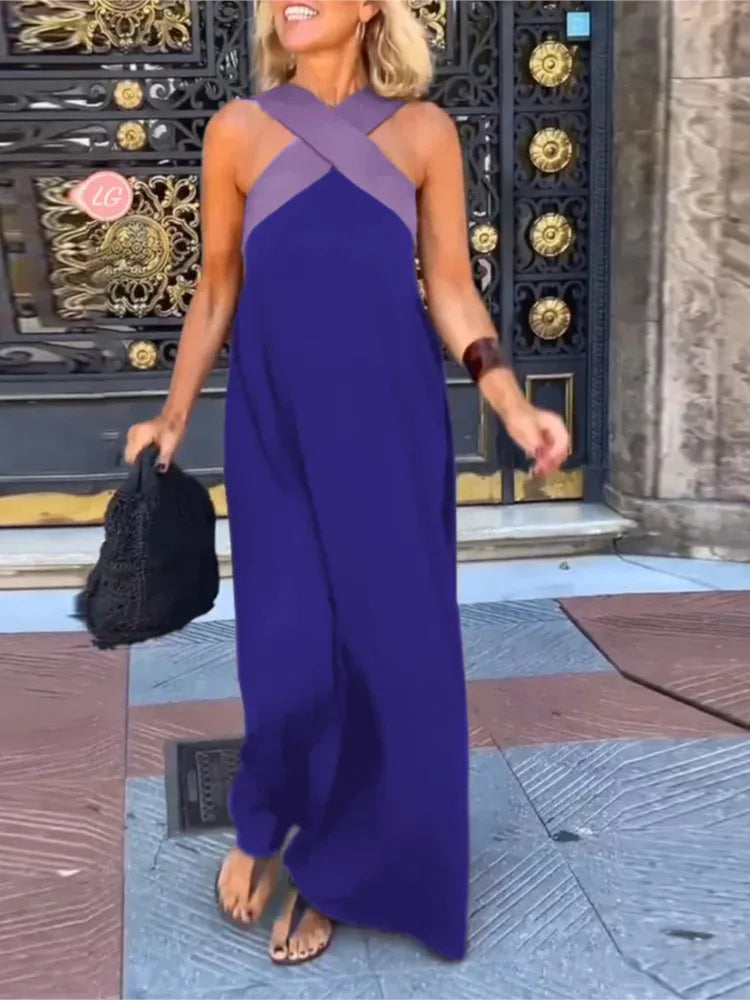 Summer Casual Loose Beach Dresses Fashion Off Shoulder Multi-color Holiday Dress 2025 New Women Halter Color Blocked Long Dress