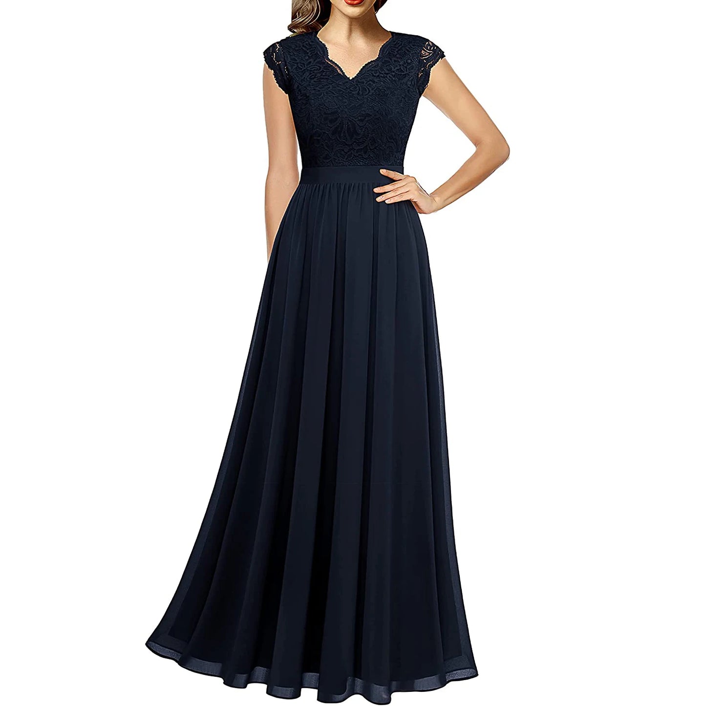 Elegant Women's Party Bridesmaid Long Dress Lace Patchwork Chiffon Sleeveless Wedding V Neck One Piece Formal Party Midi Dress