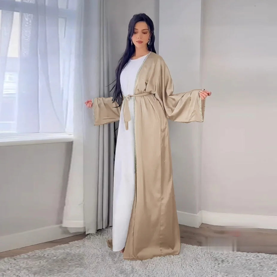2024 Muslim Dress Diamond Women's Long Dress Fashion Long Sleeve Lace-up Long Abayas Casual Solid Color Clothes for Muslim Women