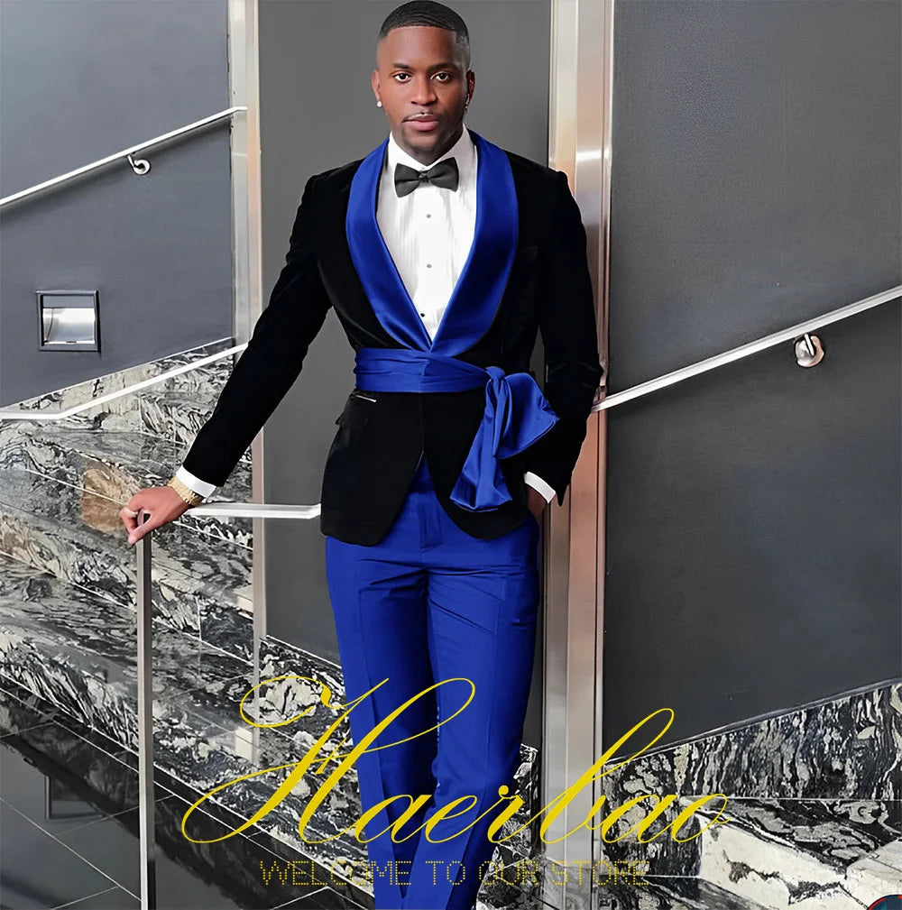 Black Mens Wedding Tuxedo Velvet Suit Two Piece Shawl Collar Jacket Pants Formal Groom Party Blazer