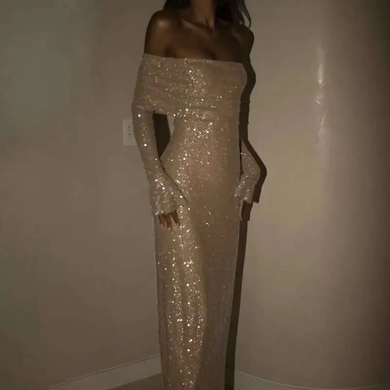 Townlike Elegant Off Shoulder Maxi Long Dress Women 2023 Autumn Winter Dress Sparkle Glittar Nightclub Sexy Party Dresses