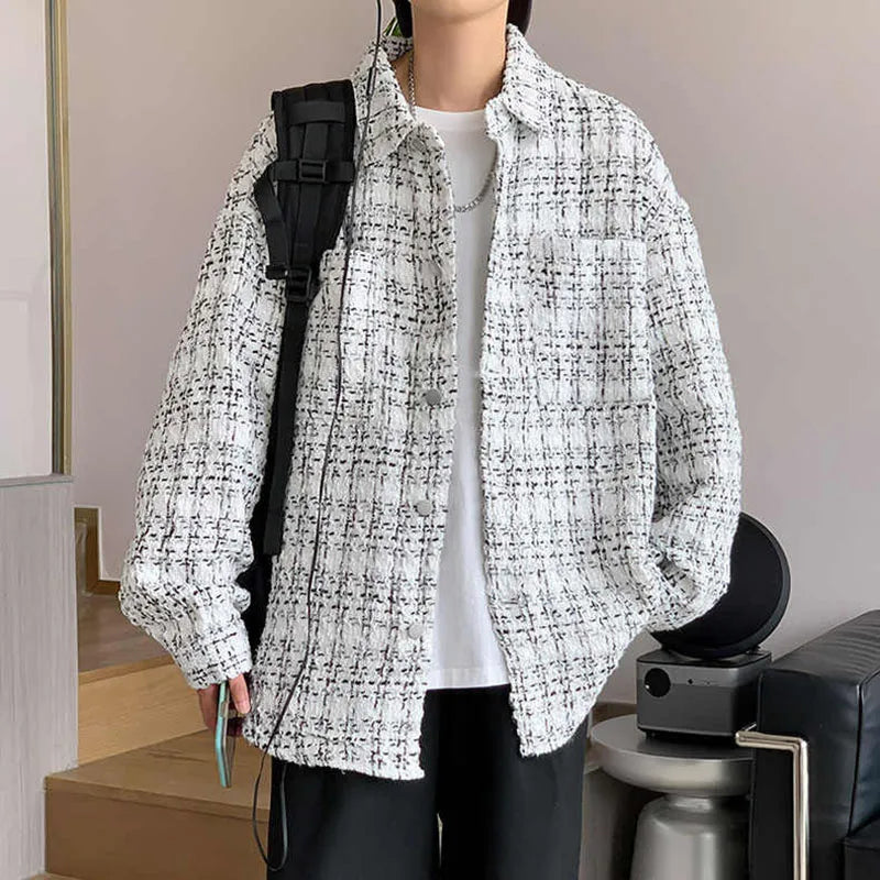 Men's Spring/Autumn/Winter Woolen Tweed Slim Fit Collarless Jacket with Color Blocking Design for a Youthful Look