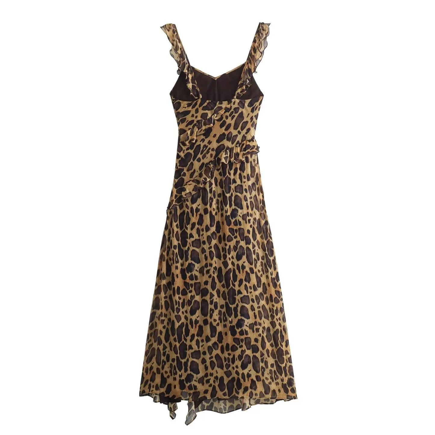 TRAFZA 2024 Woman Chic V-Neck Sleeveless Backless Slim Beach Party Dress Women Summer Vintage Leopard Fold Print Long Dress