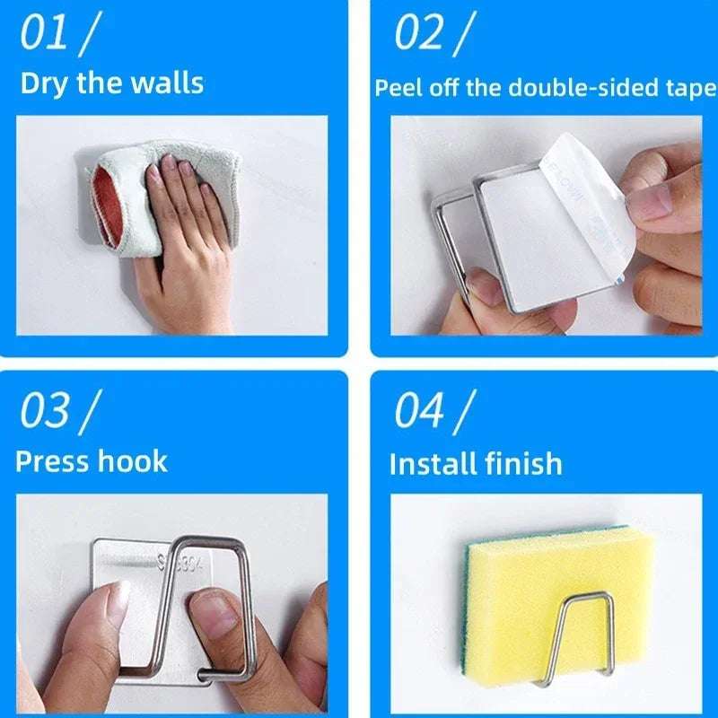 5/1pcs Stainless Steel Sink Sponges Holder Self Adhesive Drain Drying Rack Shelf Household Wall Hooks Kitchen Storage Organizer