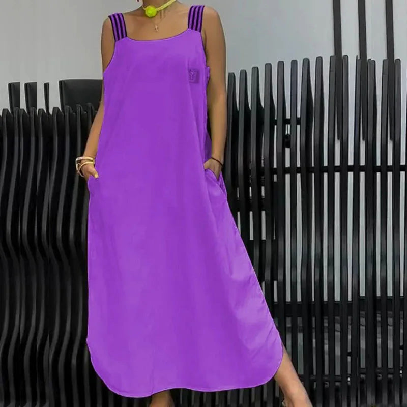 2024 Women Striped Suspender Long Dress Elegant New Off Shoulder Loose Pockets One Piece Dresses Fashion Solid Color Party Dress