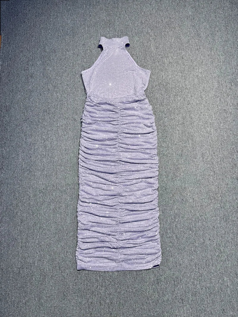 VC Halter Neck Backless Diamonds Long Dress For Women Sleeveless Folds Slim Formal Elegant Celebrity Cocktail Party Gown Vestido