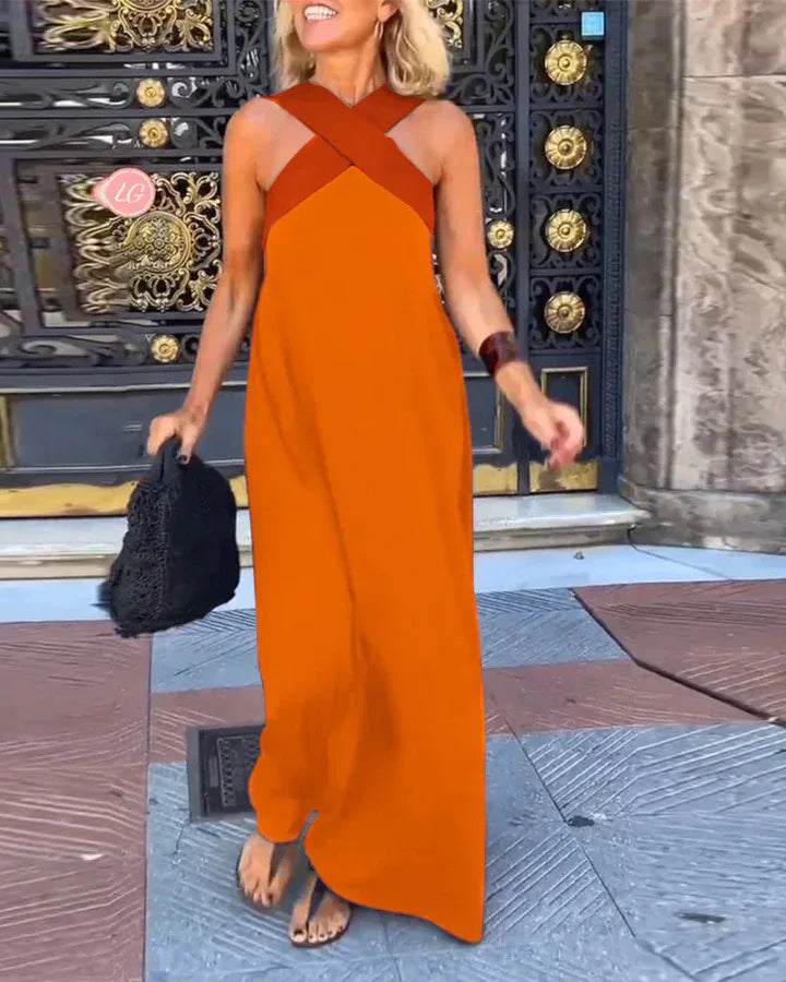 Summer Casual Loose Beach Dresses Fashion Off Shoulder Multi-color Holiday Dress 2025 New Women Halter Color Blocked Long Dress