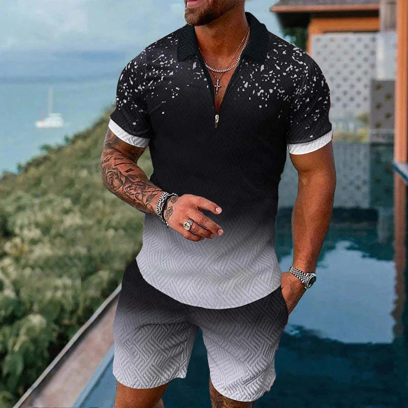 Solid Color Gradient Print Men's Sweatsuit Set Summer Casual Zipper Polo Shirt And Shorts 2pcs Sets Trend Man Pullover Clothing