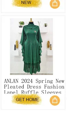 ANLAN Miyake Pleated Maxi Long Dress 3D Flower Splicing Lantern Sleeve Half Turtleneck Formal Dresses for Women 2025 New 5AN9928