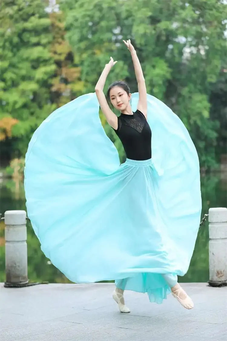 720 Degree Wide Dancing Skirt Chiffon Double Layer Semi-Long Dress Women's Solid Color Xinjiang Dance Skirt