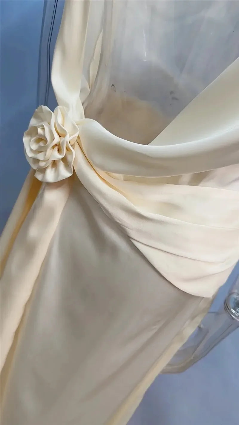 2025 Satin Backless Sexy Long Dress for Women Elegant Rose Thigh High Waist Beach Holiday Gorgeous Club