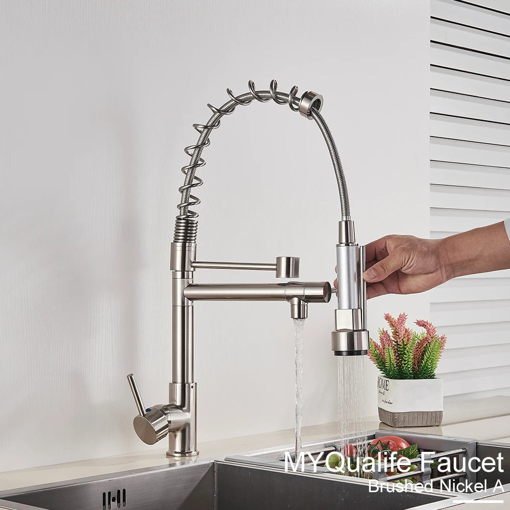 Black Pull Down Kitchen Sink Faucet Hot Cold Water Mixer Crane Tap with Dual Spout 360 Rotation High Faucet Deck Mounted