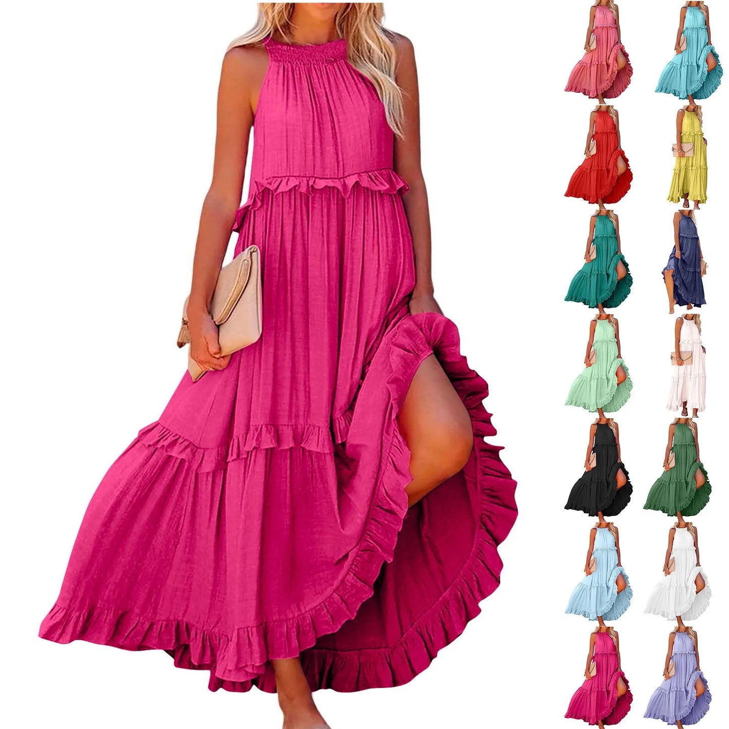 Women's Ruffled hem layered long dresses Summer Sleeveless backless dress Fashion Long Dress Big Swing Beach Dress vestidos
