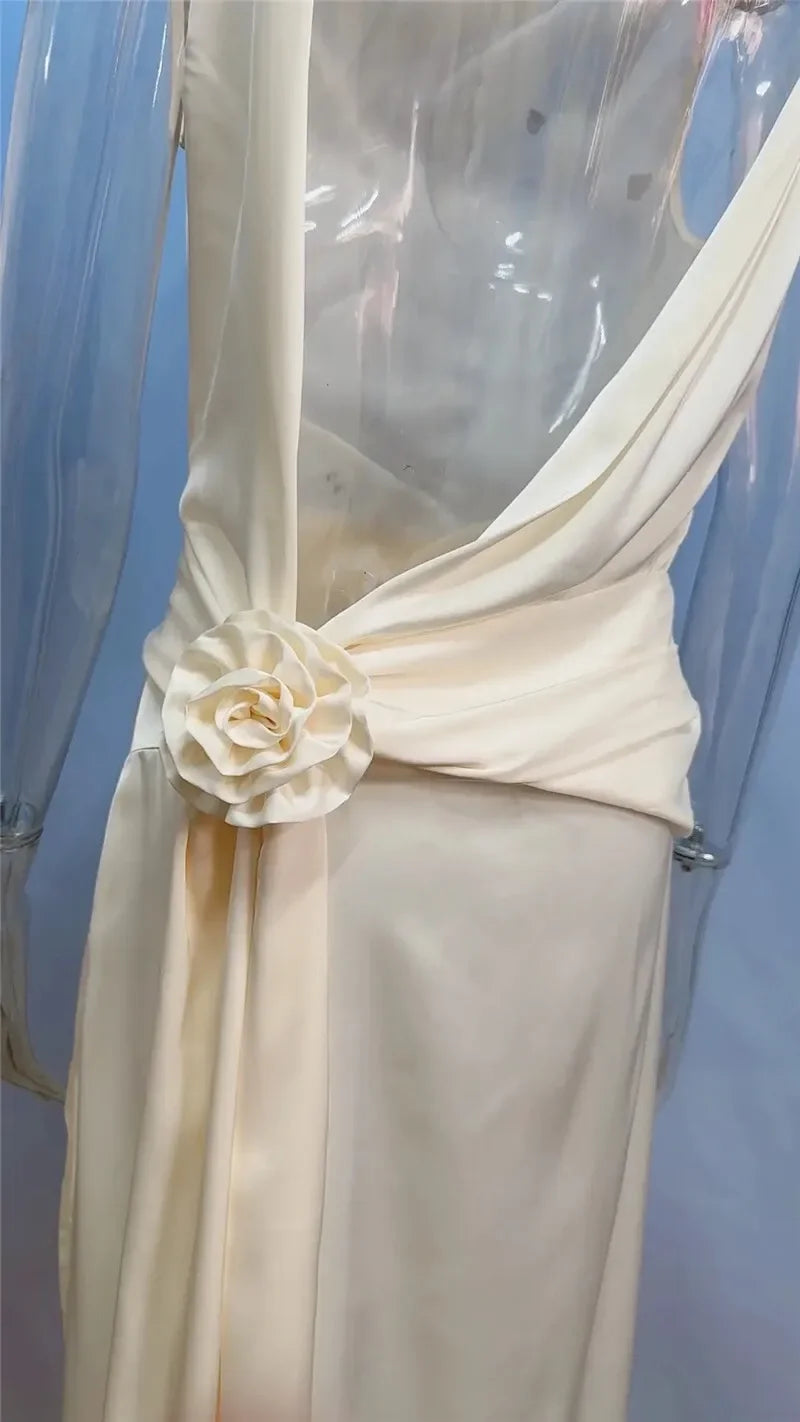 2025 Satin Backless Sexy Long Dress for Women Elegant Rose Thigh High Waist Beach Holiday Gorgeous Club